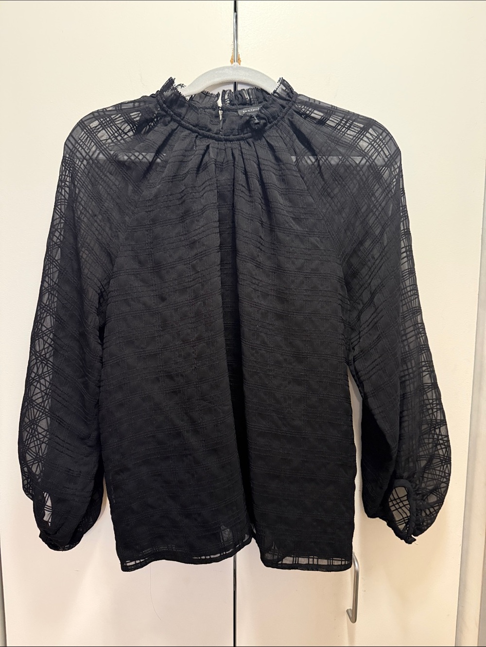 Ann Taylor Black Sheer Textured Balloon-Sleeve Blouse